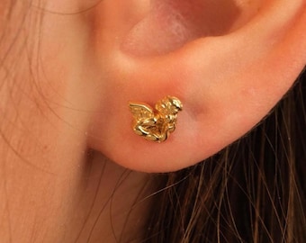 Guardian Angel Stud Earrings Solid Yellow Gold, Ladies Girls Cherub Wings Studs, Christian Symbolic Jewelry, Christmas Gift