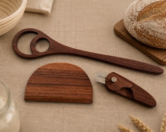 Sauerteig Backset Nussbaum | Dänischer Schneebesen | Teigschaber | Brotlame