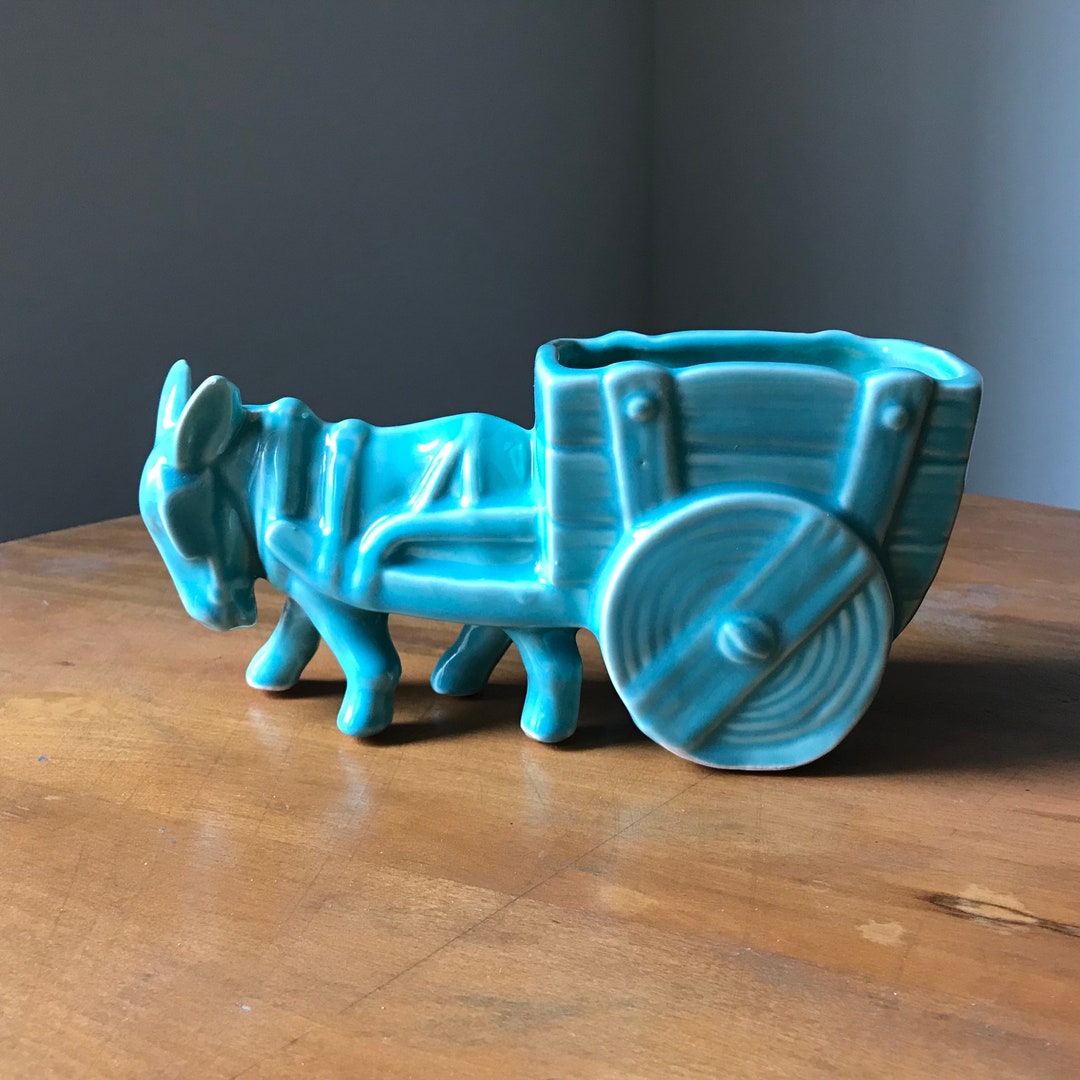 Vintage Ceramic Donkey Pulling Cart Planter USA Etsy