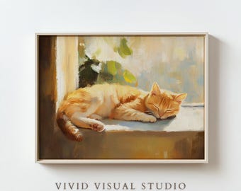 Schilderij slapende kat - gezellige katachtige kunst aan de muur, schattig huisdier decor, grillige kattenliefhebber cadeau, aquarel kunstprint voor thuis
