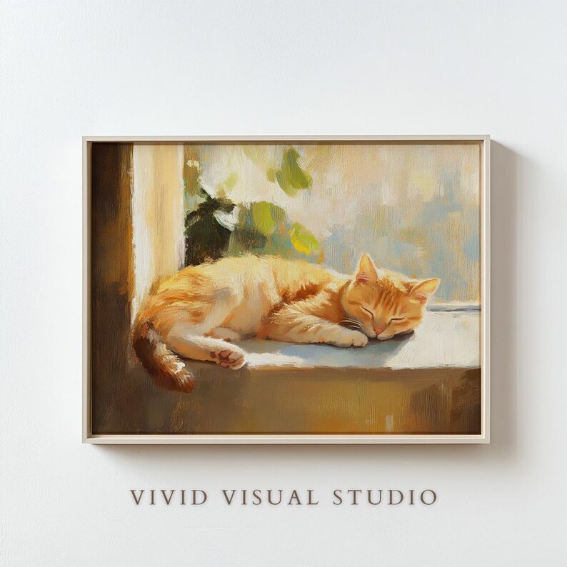 Sleeping Cat Painting - Cozy Feline Wall Art, Cute Pet Decor, Whimsical ...