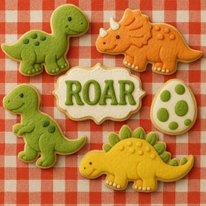 Dinosaur Sugar Cookies: T-Rex, Triceratops Birthday Party Favors