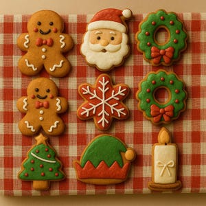 Christmas Cookie Set – Decorated Holiday Cookies, Santa, Gingerbread Man, Wreath, Snowflake, Tree, Candle & Elf Hat