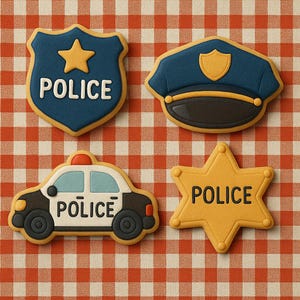 Police Theme Decorated Sugar Cookies: Badge, Hat, Car Designs