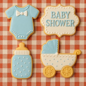 Baby Boy Shower Cookies – Blue Sugar Cookies with Onesie, Bottle and Stroller Designs for Baby Celebrations