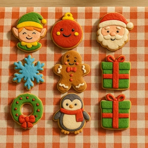Christmas Cookie Set – Cute Decorated Holiday Cookies, Santa, Elf, Gingerbread Man, Penguin, Snowflake & Gift Box