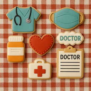 Doctor Theme Zuckerkekse - Medizinisch dekorierte Kekse mit Scrubs, Masken- und Pillenfläschchendesigns für Krankenschwestern- oder Pflegepartys