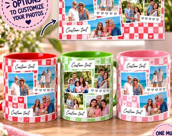 Personalized Checkerboard Photo Mug, Custom Collage and Text, Two-Sided Ceramic Coffee Cup