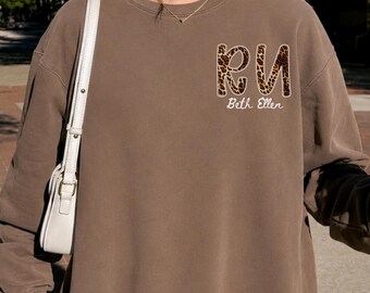 Personalized RN Sweatshirt, Custom Name Leopard and Faux Pearl Print, Comfort Colors Crewneck