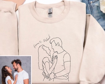 Custom Line Art Sweatshirt from Photo, Minimalist Outline Drawing Shirt, Anniversary Gift for Couple, Custom Photo Gift for Him or Her