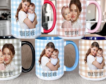 Personalized Photo Gingham Mug, Custom Picture Coffee Cup for Mom, New Mama Gift, Gingham Pattern Coffee Mug,Birthday Gift for Her,11oz,15oz