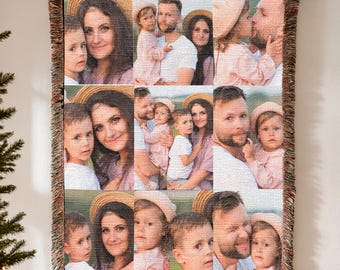 Coperta tessuta personalizzata con collage di foto, coperta personalizzata con foto di famiglia, regalo per anniversario di matrimonio, coperta con frange ricordo, idea regalo per la festa della mamma