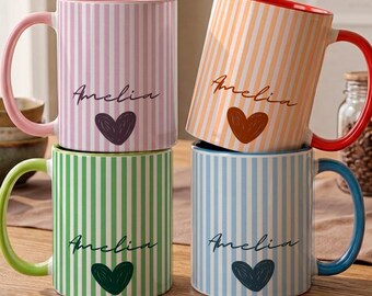 Personalized Name Striped Mug, Custom Heart Coffee Cup, Birthday Gift for Her, Best Friend, Bridesmaid or Coworker