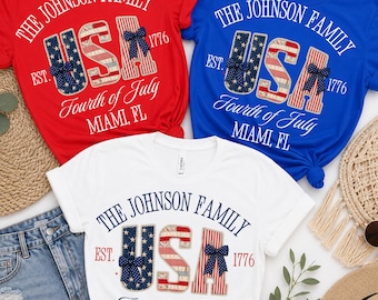4th of July Custom Family Name and Location Shirt, Personalized USA Coquette Bow Shirt Family Reunion Matching Tee Faux Patchwork USA Shirt
