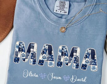 Personalized Mama Shirt With Kids Names, Comfort Colors Faux Patchwork Mom Tee