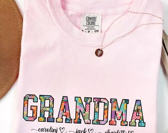 Personalized Grandma Shirt with Kids Names Custom Comfort Colors 1717 Faux Patchwork Floral Mama Tee Gift for Nana Mimi Gigi Mother Day Gift