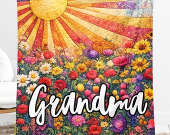 Personalized Floral Meadow Sunburst Blanket, Custom Grandma Mom Nana Gift, Cozy Velveteen Microfiber