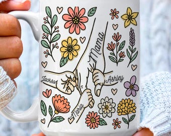 Personalized Mom Mug with Kids Names, Mothers Day Gift from Daughter Son, Custom Floral Coffee Mug for Mom