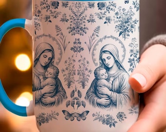 Virgin Mary & Jesus Mug: French Blue Toile, Catholic Gift