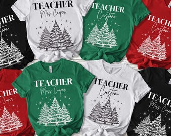 Personalized Teacher Christmas Shirt, Custom Name Christmas Tree Tee, Bella + Canvas Educator Gift, School Staff Holiday Outfit