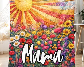 Personalized Mama Blanket Mother's Day Gift, Floral Meadow Sunburst Design, Custom Mom Nana Gigy Blanket, Birthday Present for Her, Cozy