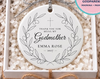 Personalized Godmother Ornament, Botanical Wreath, Baptism Keepsake (Ceramic)