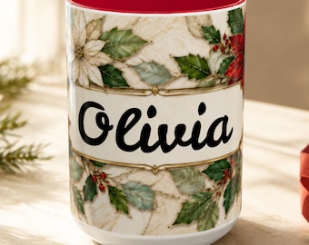 Personalized Christmas Mug with Name, Poinsettia Floral Coffee Cup, Holiday Gift for Family