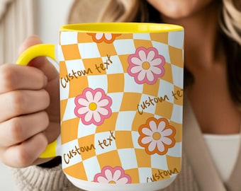 Personalized Checkerboard Mug with Custom Name, 4 Retro Flower or Cherry Patterns, Ceramic Coffee Cup, Birthday Gift for Her, Mom or Teacher