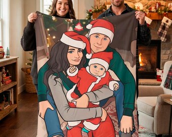 Custom Family Portrait Christmas Blanket, Personalized Photo Cartoon Velveteen Throw