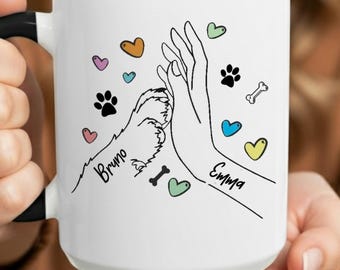 Personalized Dog Mom Mug with Names, Custom Dog Paw High Five Hand Coffee Cup, Dog Lover Gift, Pet Memorial Gift, New Puppy Gift, 11oz 15oz