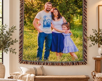 Personalized Photo Woven Blanket, Custom Family Picture Throw, Woven Photo Blanket with Fringe, Custom Portrait Gift