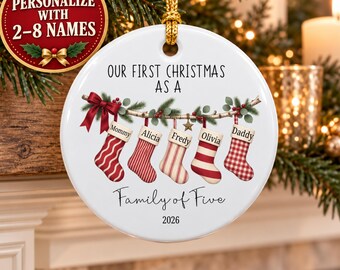Family ornament personalized, Custom Stocking Names, First Christmas Ceramic Keepsake, Gift Box Included, Stripe Christmas Tree Ornament