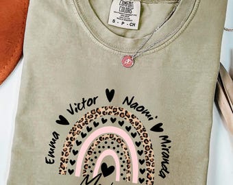 Personalized Mom Shirt with Kids Names, Custom Rainbow Leopard Print Tee, Mothers Day Birthday  Chistmats Gift for Mom, Cute Family Shirt