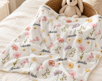 Personalized Floral Baby Blanket, Custom Name Minky Blanket, Wildflower Baby Girl Nursery Gift