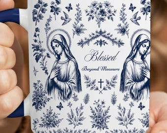 Virgin Mary Mug Blessed Beyond Measure French Toile Catholic Cup Christian Gift Religious Our Lady of Guadalupe Mug Catholic Christmas Gift