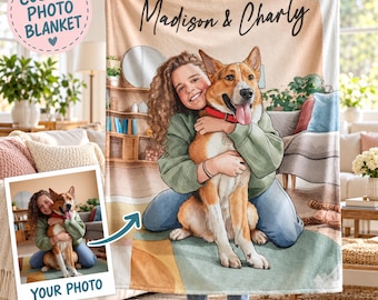 Custom Pet Photo Blanket with Name, Personalized Watercolor Dog Portrait Velveteen Throw, Pet Lover Gift