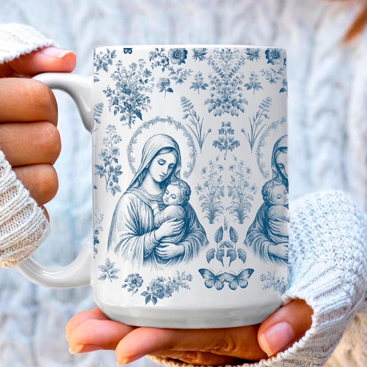 Virgin Mary & Jesus Mug: French Blue Toile, Catholic Gift - Etsy