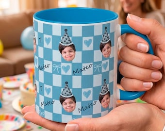 Personalized Birthday Face Mug, Custom Photo Name and Age Coffee Cup, Family Birthday Gift for Mom Dad Kids and Grandparents