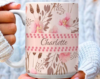 Custom Name Floral Mug | Personalized Pink Flower Coffee Cup | Birthday Gift for Mom Friend Teacher | Gift for Her 11oz 15oz