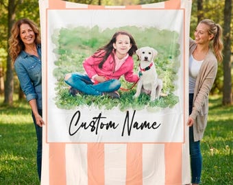 Personalized Photo Blanket With Name, Custom Picture Velveteen Throw, Pattern Choice