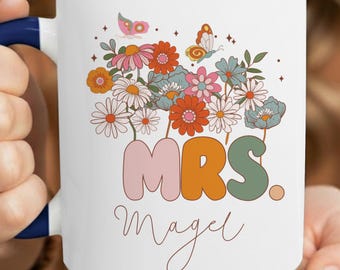 Personalized Mrs. Mug, Custom Last Name Wildflower Coffee Cup for Bride or Newlywed