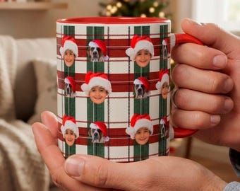 Custom Face Christmas Mug, Personalized Pet and Family Photo Coffee Cup, Plaid Holiday Gift for Mom Dad Grandparents