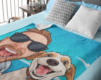 Custom Cartoon Photo Blanket, Funny Pet and Owner Caricature, Dog Dad Gift, Custom Portrait