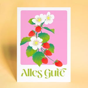 Alles Gute Grußkarte mit Erdbeermotiv – florale Glückwunschkarte mit Beerenblüten, farbenfrohe Naturillustration für besondere Anlässe