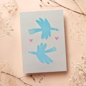 Romantische Grußkarte mit Schwalben und Herzen | Linoldruck | Valentinstag, Jahrestag, Geburtstag, Hochzeit, Verlobung, Muttertag
