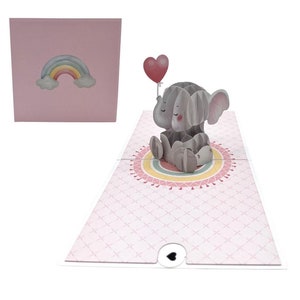 Cartão de elefante rosa bebê/azul bebê com balão de coração 3D pop-up cartão de bebê cartão de aniversário infantil cartão de aniversário infantil