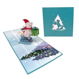Ours polaire sur traîneau avec cadeaux Carte pop-up 3D Carte de Noël Carte de vœux Carte Père Noël