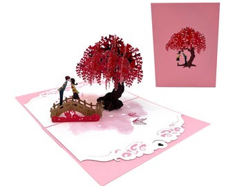 Kissing couple on a bridge Japanese card Sakura 3D PopUp card Greeting card Couple card Valentine&#39;s Day card Valentine&#39;s Day couple