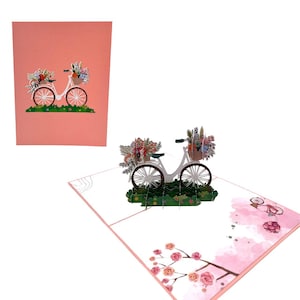 Fête des mères fête des mères Vélo avec panier de fleurs sur prairie Carte pop-up 3D Carte de vœux Amsterdam Hollande Pays-Bas Carte Carte cadeau
