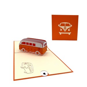 Carte pop-up 3D Bulli Orange Carte de vœux Carte de voiture Carte cadeau pour amoureux des voitures Carte de vœux Carte pop-up 3D des années 90